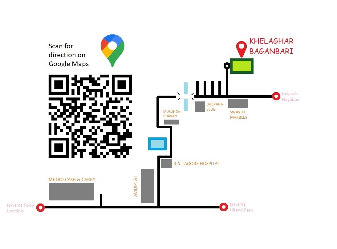 The image is a map guide to Khelaghar Baganbari featuring a QR code for directions on Google Maps, significant landmarks like the Metro Cash & Carry, R N Tagore Hospital, and other points of interest with a marked location for Khelaghar Baganbari. The map is color-coded with specific icons for easy navigation.